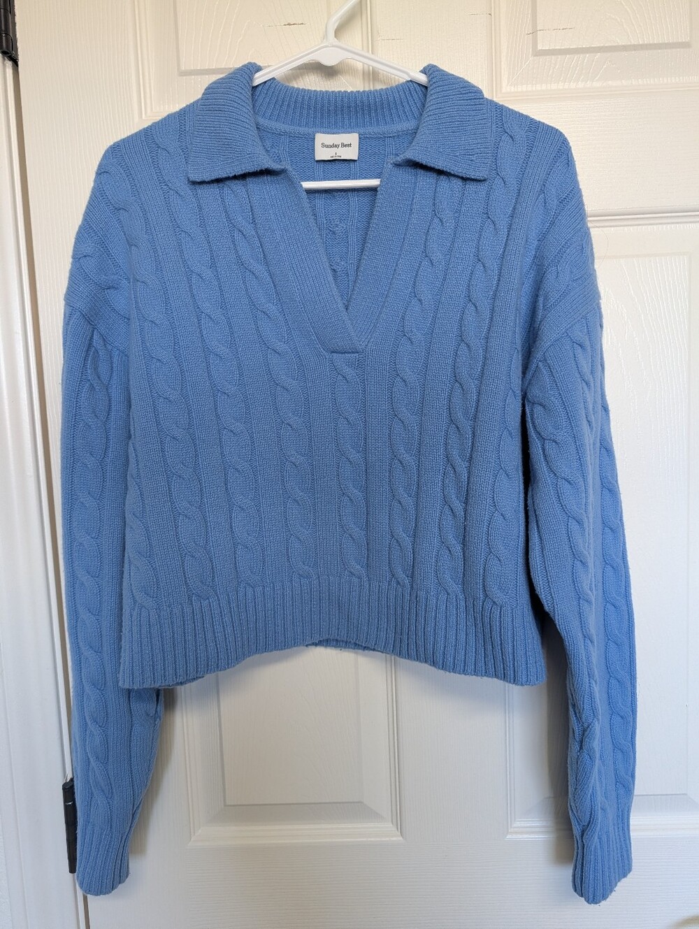 Aritzia Sunday Best Wool Blend Lottie Cable Knit Collared Sweater Blue S Preppy